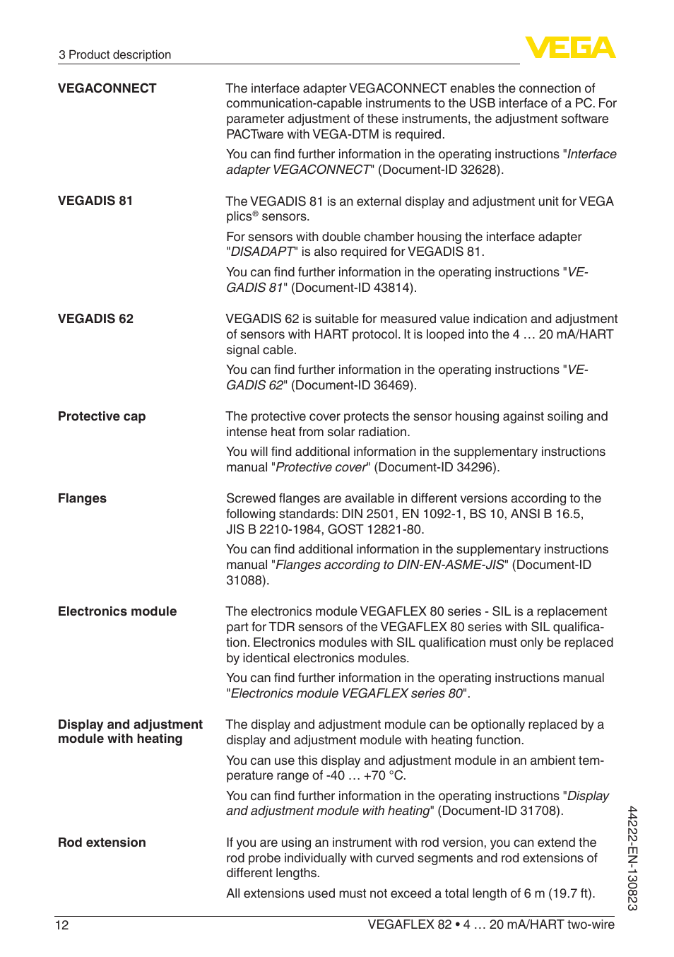 VEGA VEGAFLEX 82 4 … 20 mA_HART two-wire Rod and cable probe With SIL qualification User Manual | Page 12 / 96