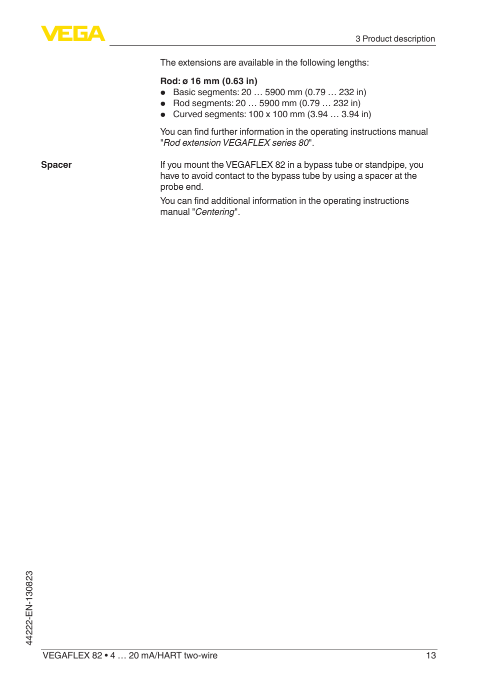 VEGA VEGAFLEX 82 4 … 20 mA_HART two-wire Rod and cable probe With SIL qualification User Manual | Page 13 / 96