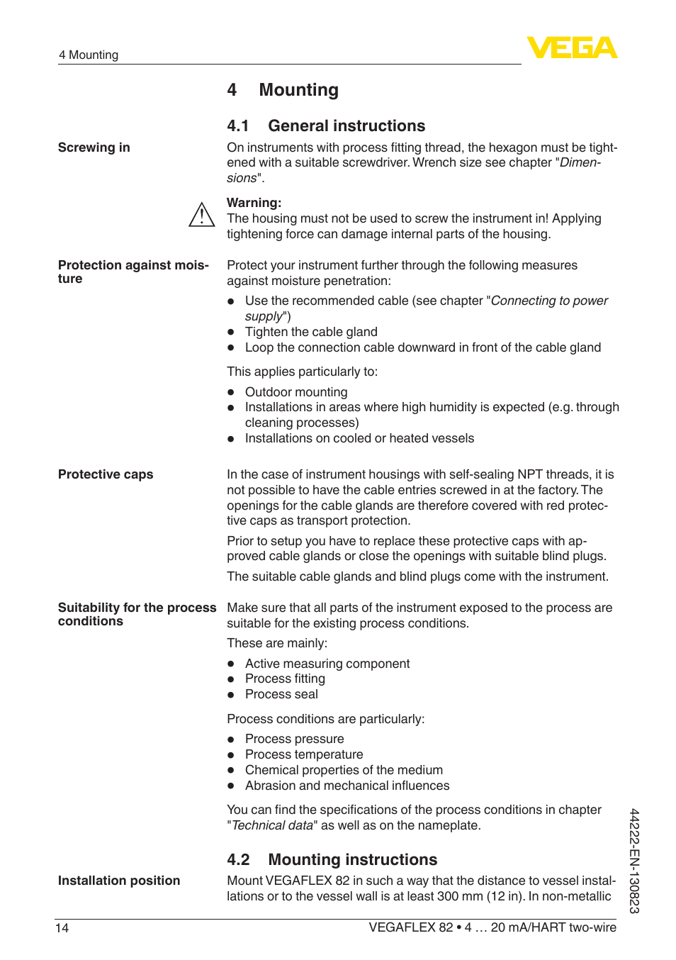 4 mounting, 1 general instructions, 2 mounting instructions | VEGA VEGAFLEX 82 4 … 20 mA_HART two-wire Rod and cable probe With SIL qualification User Manual | Page 14 / 96