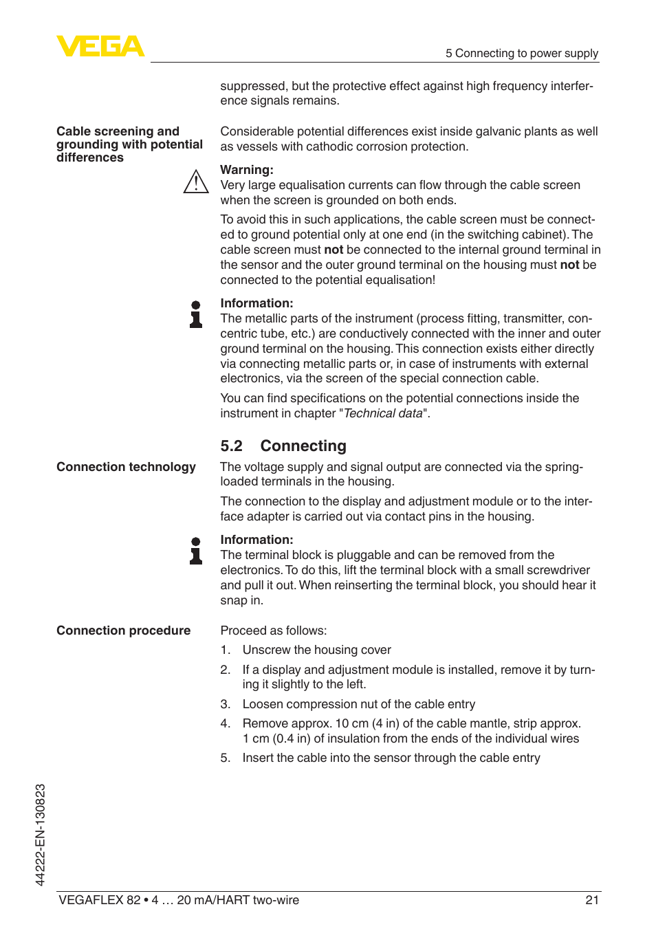 2 connecting | VEGA VEGAFLEX 82 4 … 20 mA_HART two-wire Rod and cable probe With SIL qualification User Manual | Page 21 / 96