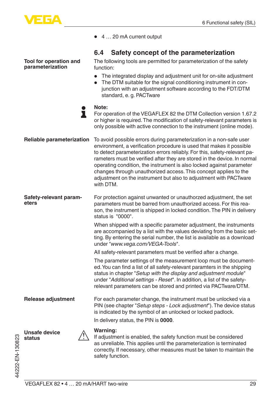 4 safety concept of the parameterization | VEGA VEGAFLEX 82 4 … 20 mA_HART two-wire Rod and cable probe With SIL qualification User Manual | Page 29 / 96