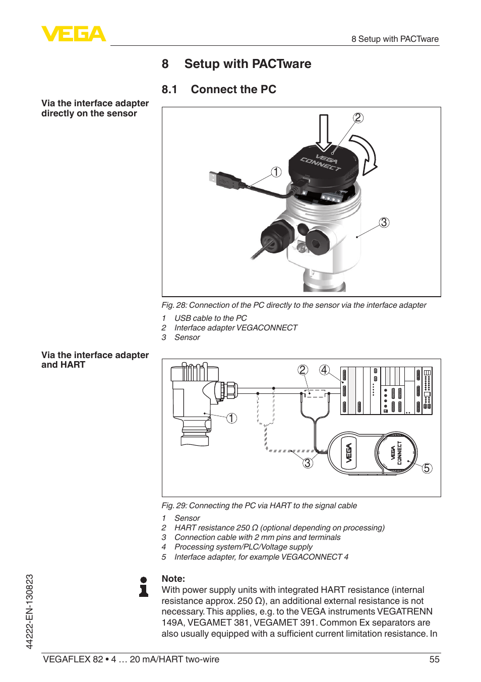 8 setup with pactware, 1 connect the pc | VEGA VEGAFLEX 82 4 … 20 mA_HART two-wire Rod and cable probe With SIL qualification User Manual | Page 55 / 96