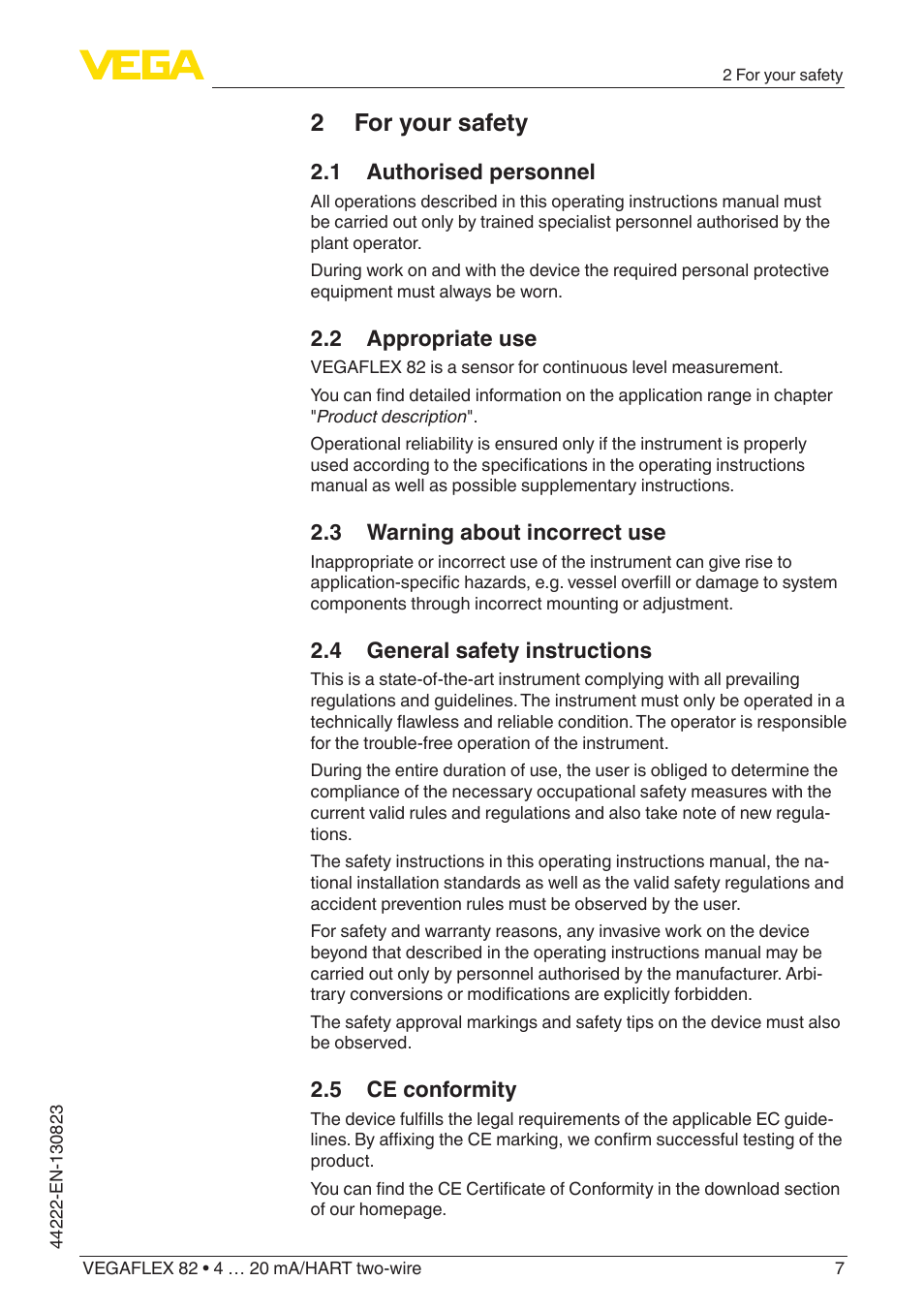 2 for your safety, 1 authorised personnel, 2 appropriate use | 3 warning about incorrect use, 4 general safety instructions, 5 ce conformity | VEGA VEGAFLEX 82 4 … 20 mA_HART two-wire Rod and cable probe With SIL qualification User Manual | Page 7 / 96