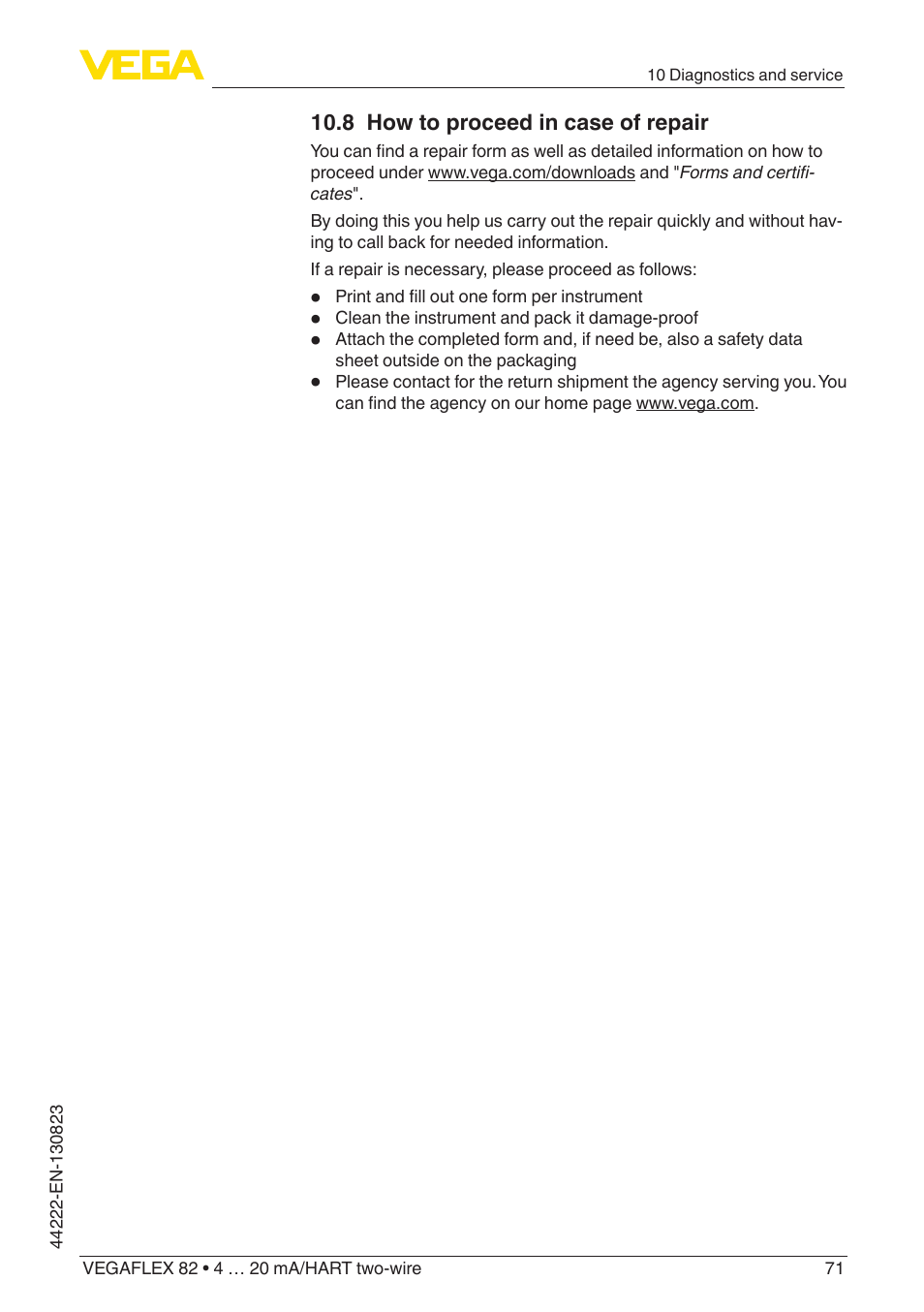 8 how to proceed in case of repair | VEGA VEGAFLEX 82 4 … 20 mA_HART two-wire Rod and cable probe With SIL qualification User Manual | Page 71 / 96