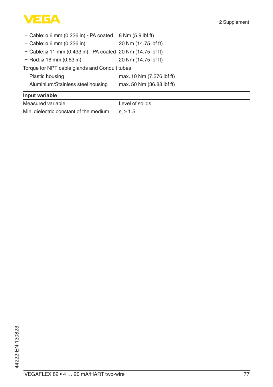 VEGA VEGAFLEX 82 4 … 20 mA_HART two-wire Rod and cable probe With SIL qualification User Manual | Page 77 / 96