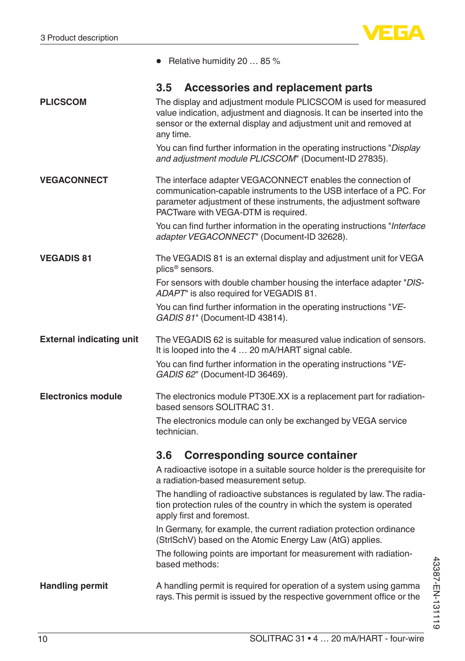 5 accessories and replacement parts, 6 corresponding source container | VEGA SOLITRAC 31 4 … 20 mA_HART - four-wire With SIL qualification User Manual | Page 10 / 84