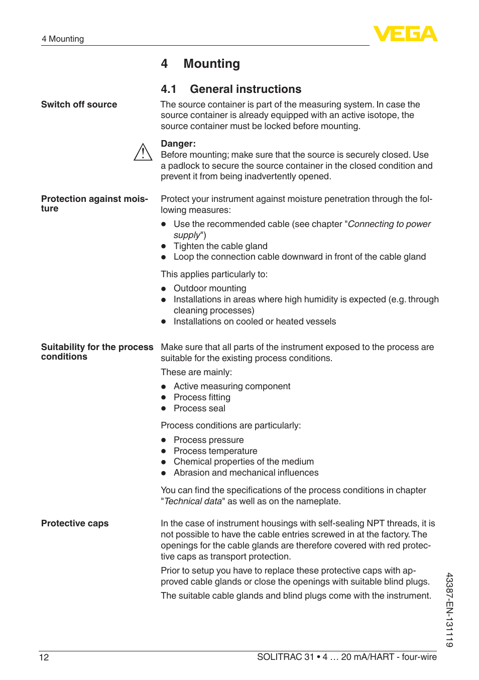 4 mounting, 1 general instructions | VEGA SOLITRAC 31 4 … 20 mA_HART - four-wire With SIL qualification User Manual | Page 12 / 84