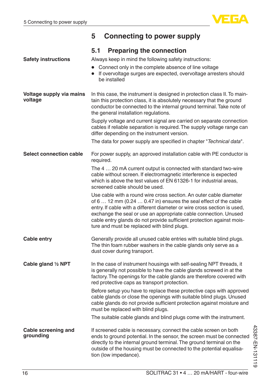 5 connecting to power supply, 1 preparing the connection | VEGA SOLITRAC 31 4 … 20 mA_HART - four-wire With SIL qualification User Manual | Page 16 / 84