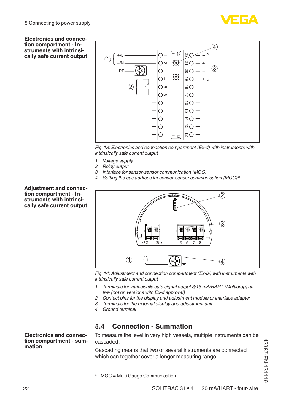 4 connection - summation | VEGA SOLITRAC 31 4 … 20 mA_HART - four-wire With SIL qualification User Manual | Page 22 / 84
