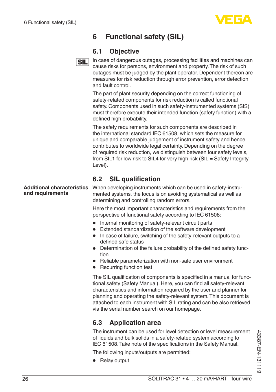 6 functional safety (sil), 1 objective, 2 sil qualification | 3 application area | VEGA SOLITRAC 31 4 … 20 mA_HART - four-wire With SIL qualification User Manual | Page 26 / 84