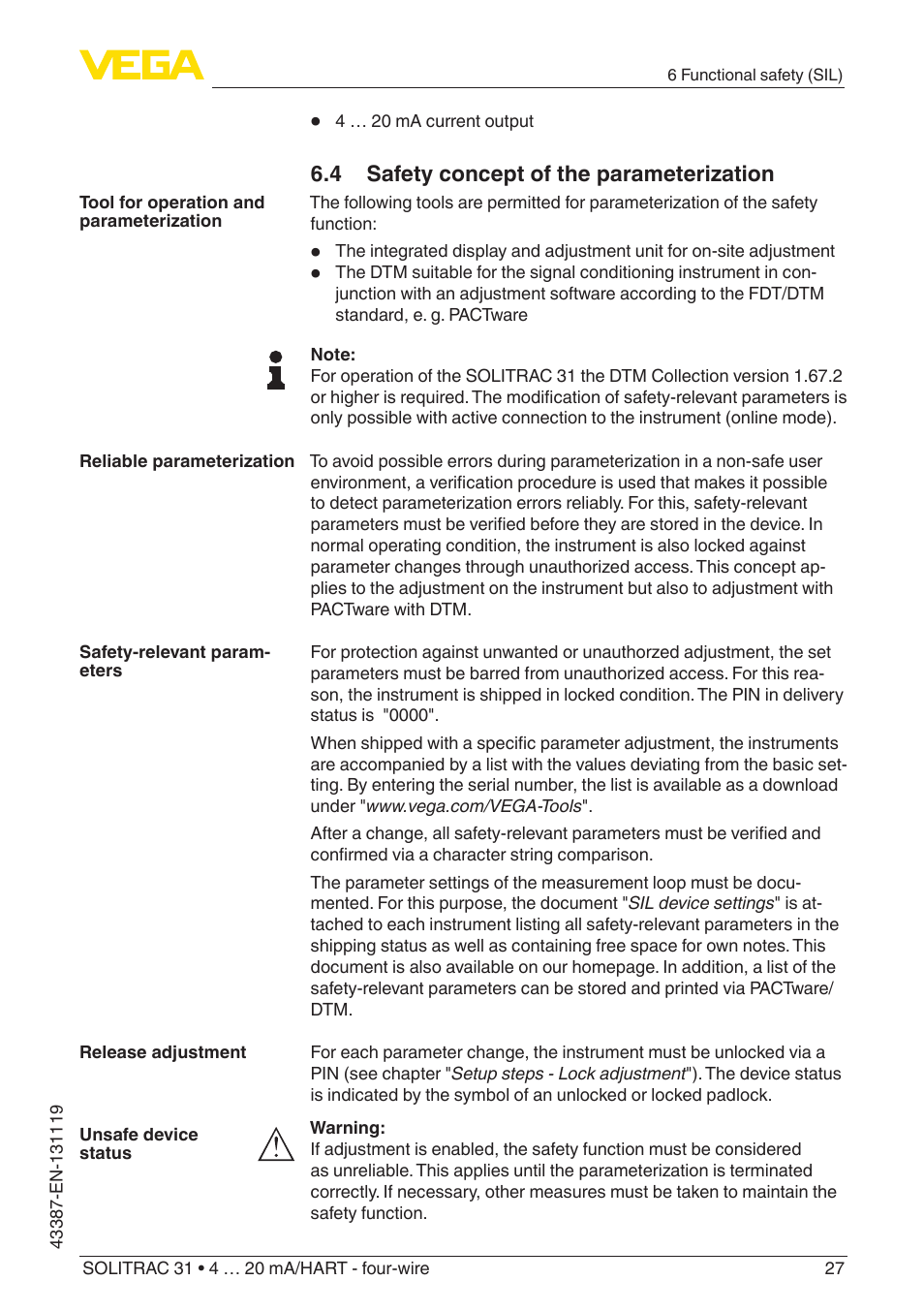 4 safety concept of the parameterization | VEGA SOLITRAC 31 4 … 20 mA_HART - four-wire With SIL qualification User Manual | Page 27 / 84