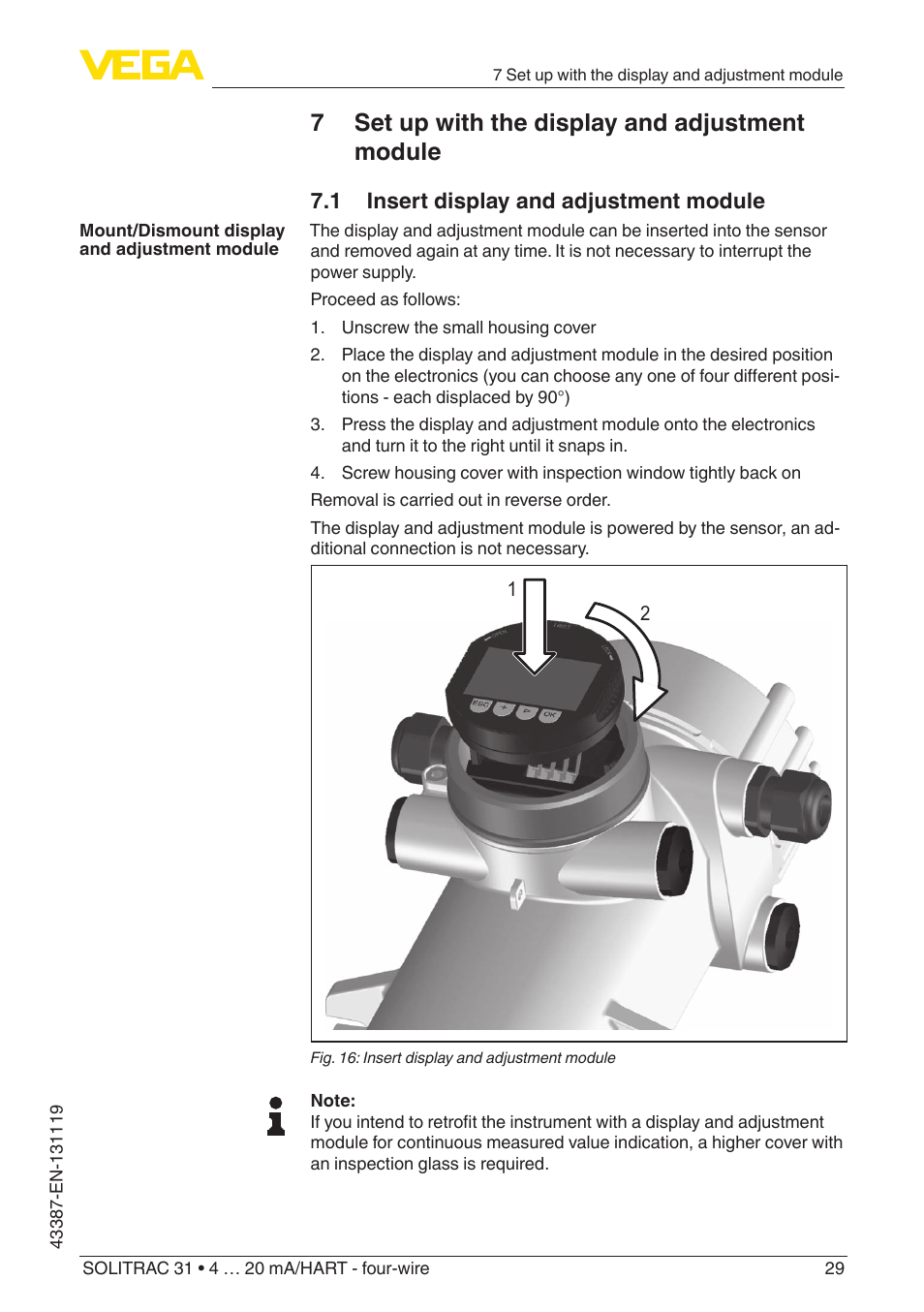 7 set up with the display and adjustment module, 1 insert display and adjustment module | VEGA SOLITRAC 31 4 … 20 mA_HART - four-wire With SIL qualification User Manual | Page 29 / 84