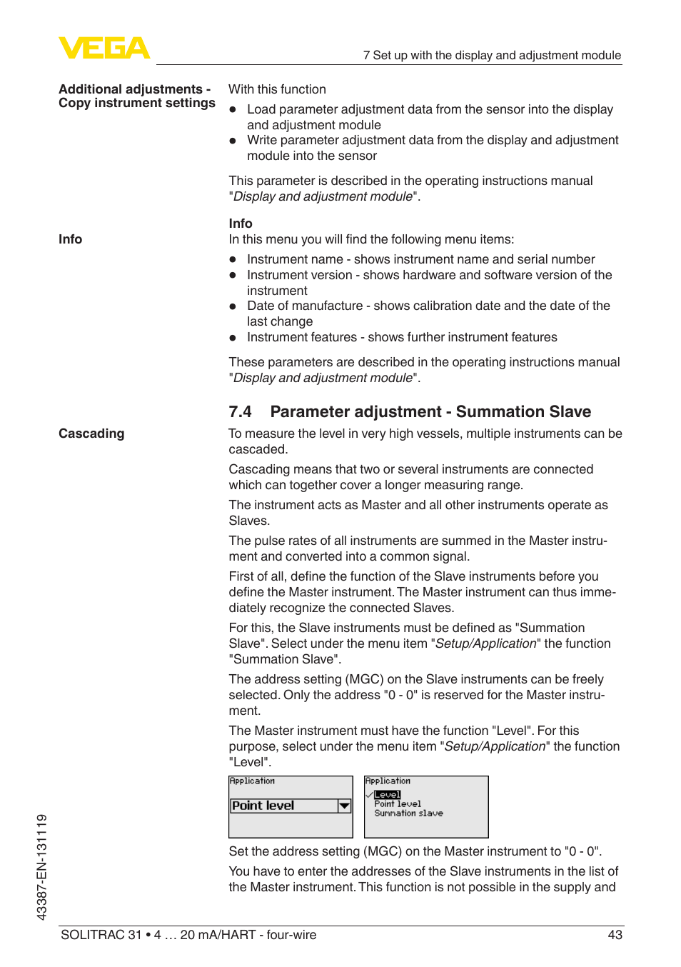 4 parameter adjustment - summation slave | VEGA SOLITRAC 31 4 … 20 mA_HART - four-wire With SIL qualification User Manual | Page 43 / 84