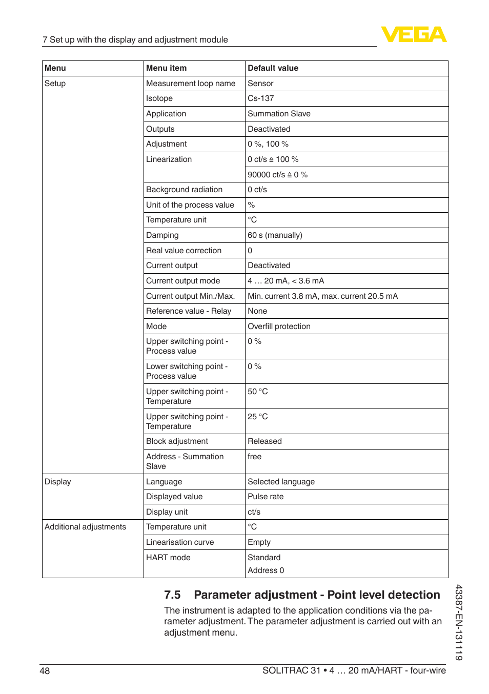 5 parameter adjustment - point level detection | VEGA SOLITRAC 31 4 … 20 mA_HART - four-wire With SIL qualification User Manual | Page 48 / 84