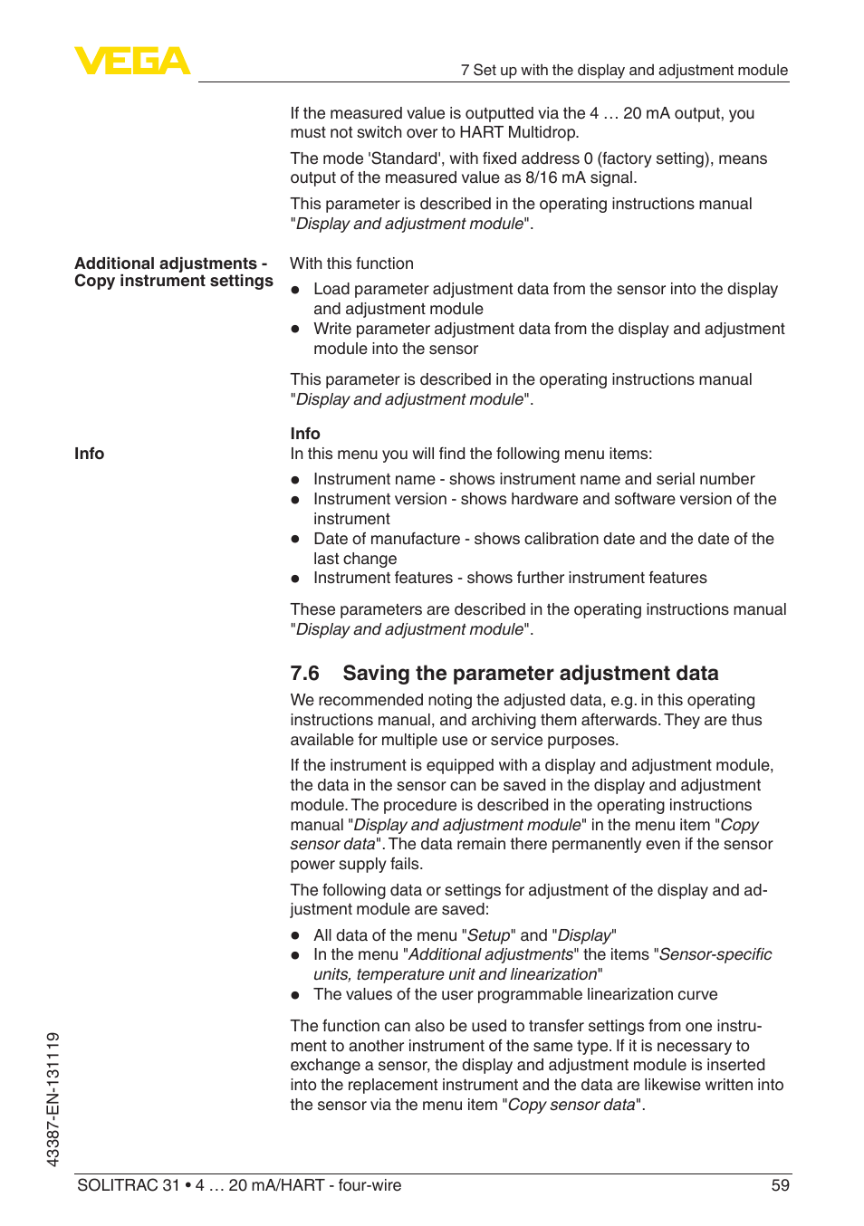 6 saving the parameter adjustment data | VEGA SOLITRAC 31 4 … 20 mA_HART - four-wire With SIL qualification User Manual | Page 59 / 84