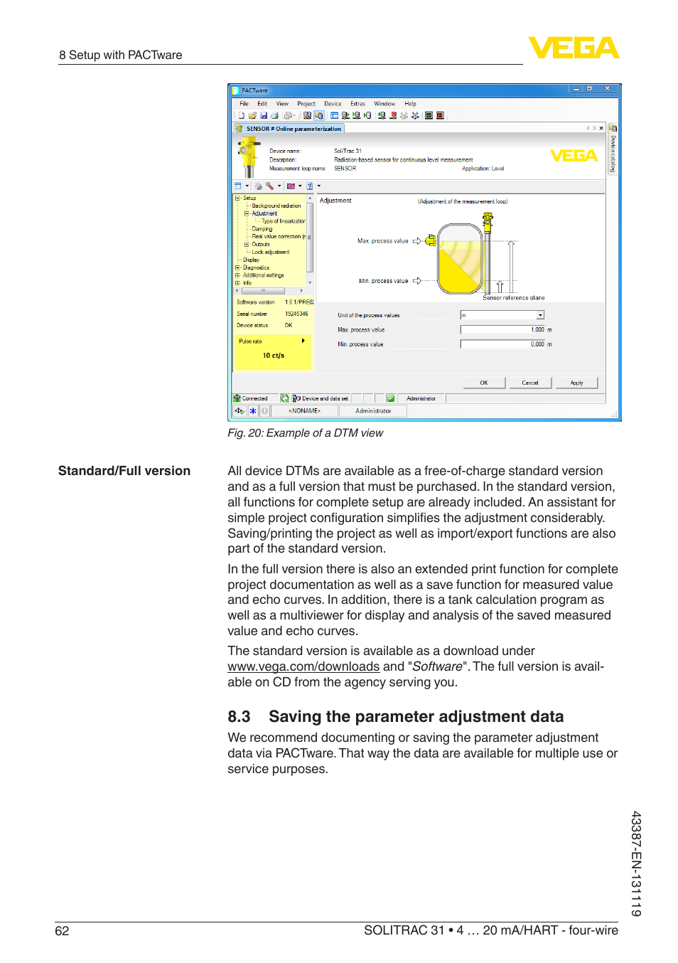 3 saving the parameter adjustment data | VEGA SOLITRAC 31 4 … 20 mA_HART - four-wire With SIL qualification User Manual | Page 62 / 84