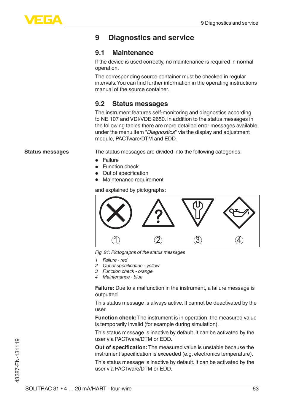 9 diagnostics and service, 1 maintenance, 2 status messages | VEGA SOLITRAC 31 4 … 20 mA_HART - four-wire With SIL qualification User Manual | Page 63 / 84
