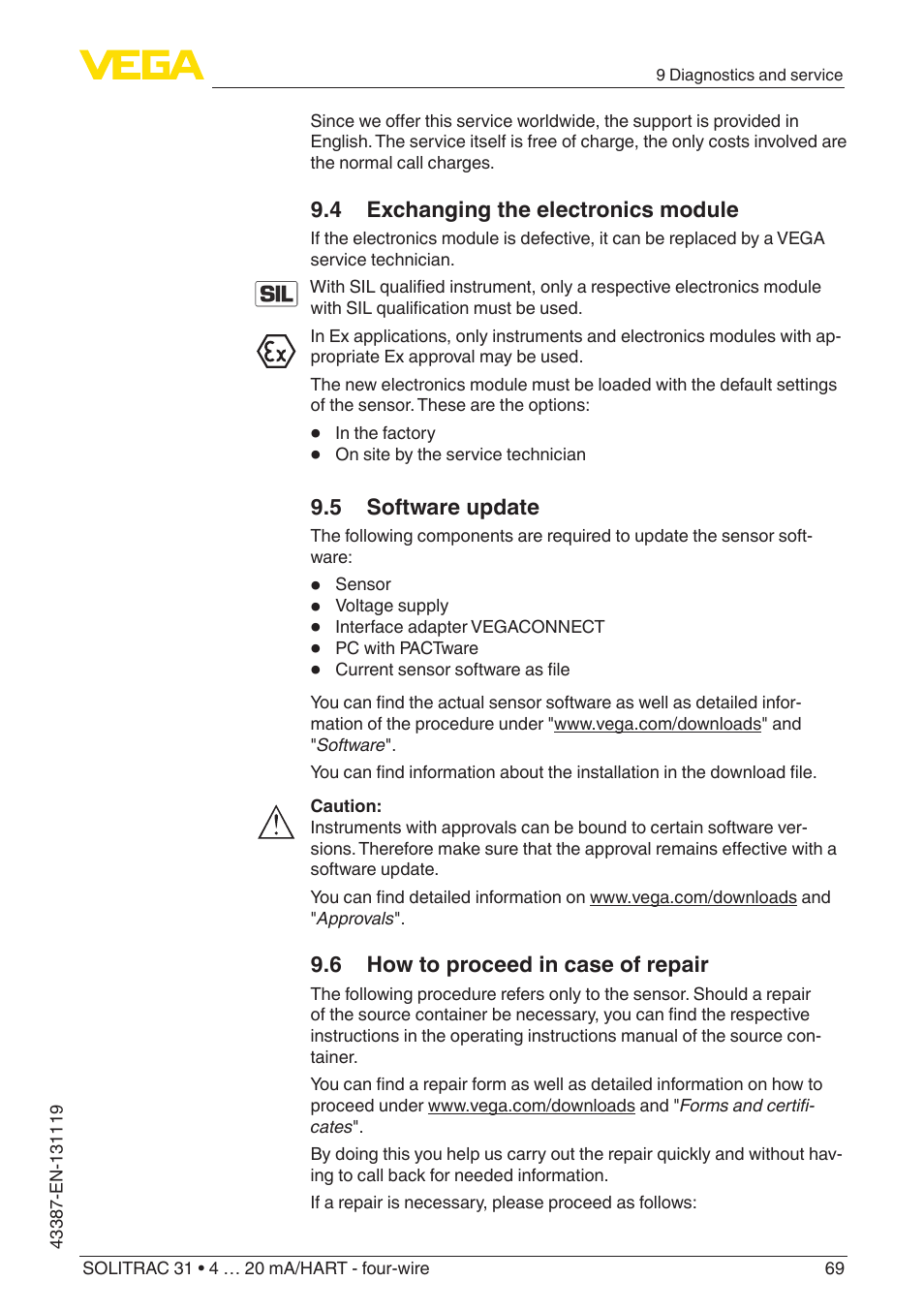 4 exchanging the electronics module, 5 software update, 6 how to proceed in case of repair | VEGA SOLITRAC 31 4 … 20 mA_HART - four-wire With SIL qualification User Manual | Page 69 / 84