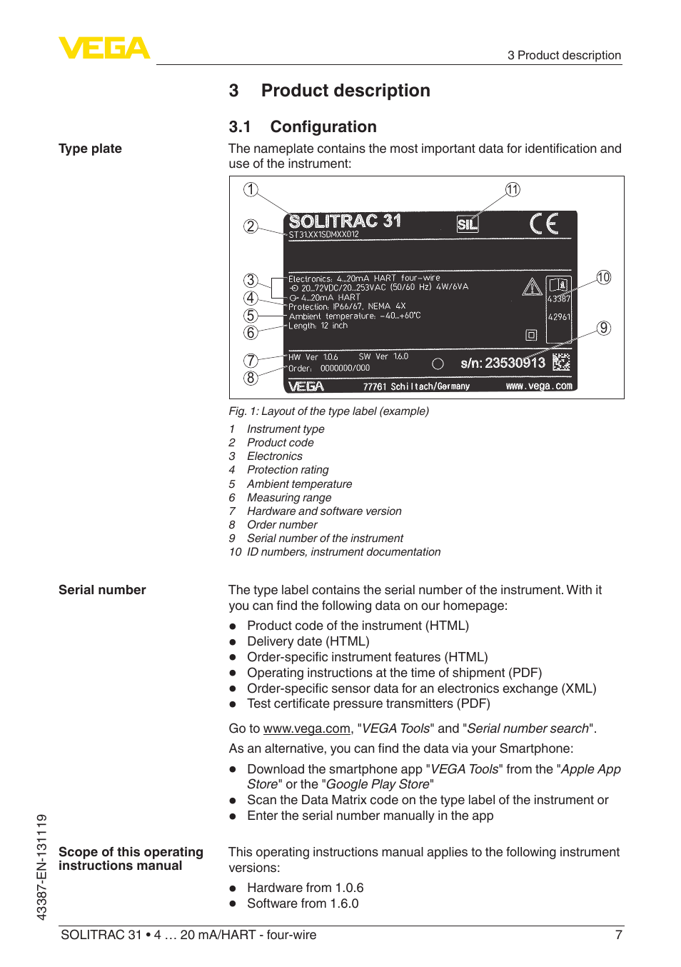 3 product description, 1 configuration | VEGA SOLITRAC 31 4 … 20 mA_HART - four-wire With SIL qualification User Manual | Page 7 / 84