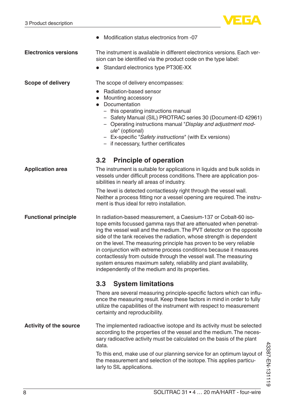2 principle of operation, 3 system limitations | VEGA SOLITRAC 31 4 … 20 mA_HART - four-wire With SIL qualification User Manual | Page 8 / 84