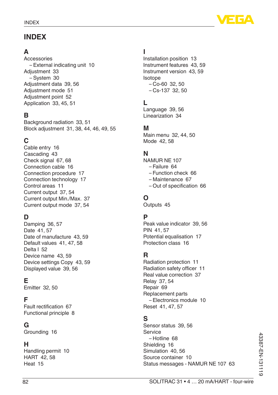 Index | VEGA SOLITRAC 31 4 … 20 mA_HART - four-wire With SIL qualification User Manual | Page 82 / 84