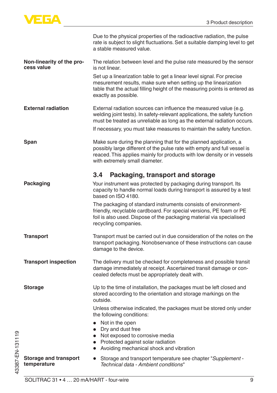 4 packaging, transport and storage | VEGA SOLITRAC 31 4 … 20 mA_HART - four-wire With SIL qualification User Manual | Page 9 / 84