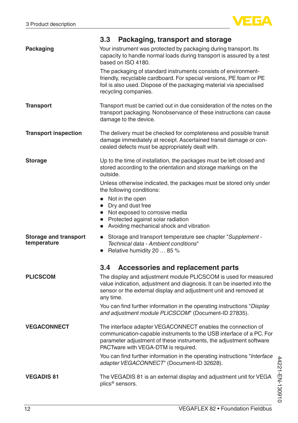 3 packaging, transport and storage, 4 accessories and replacement parts | VEGA VEGAFLEX 82 Foundation Fieldbus User Manual | Page 12 / 100