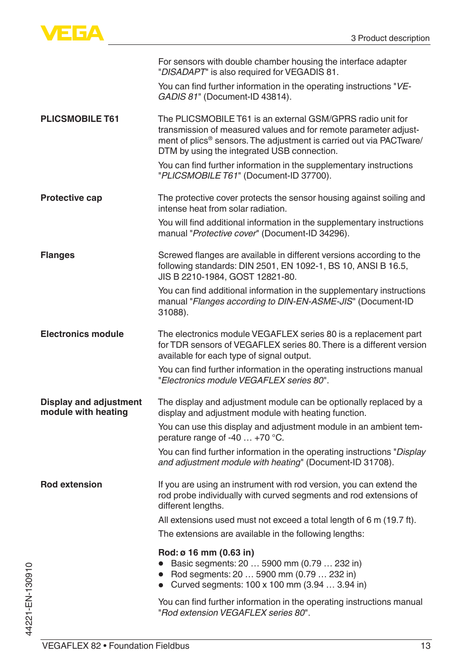 VEGA VEGAFLEX 82 Foundation Fieldbus User Manual | Page 13 / 100