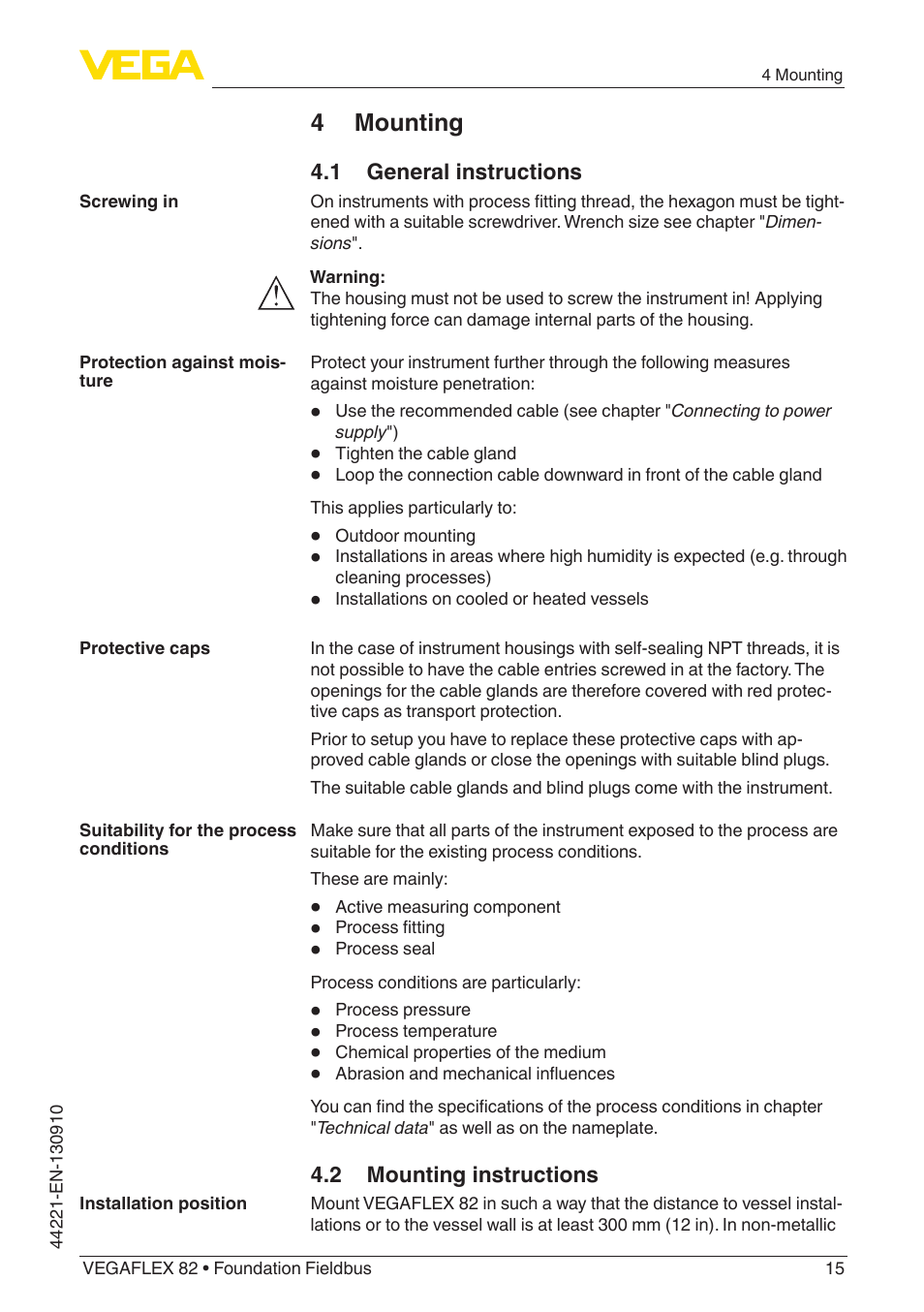 4 mounting, 1 general instructions, 2 mounting instructions | VEGA VEGAFLEX 82 Foundation Fieldbus User Manual | Page 15 / 100