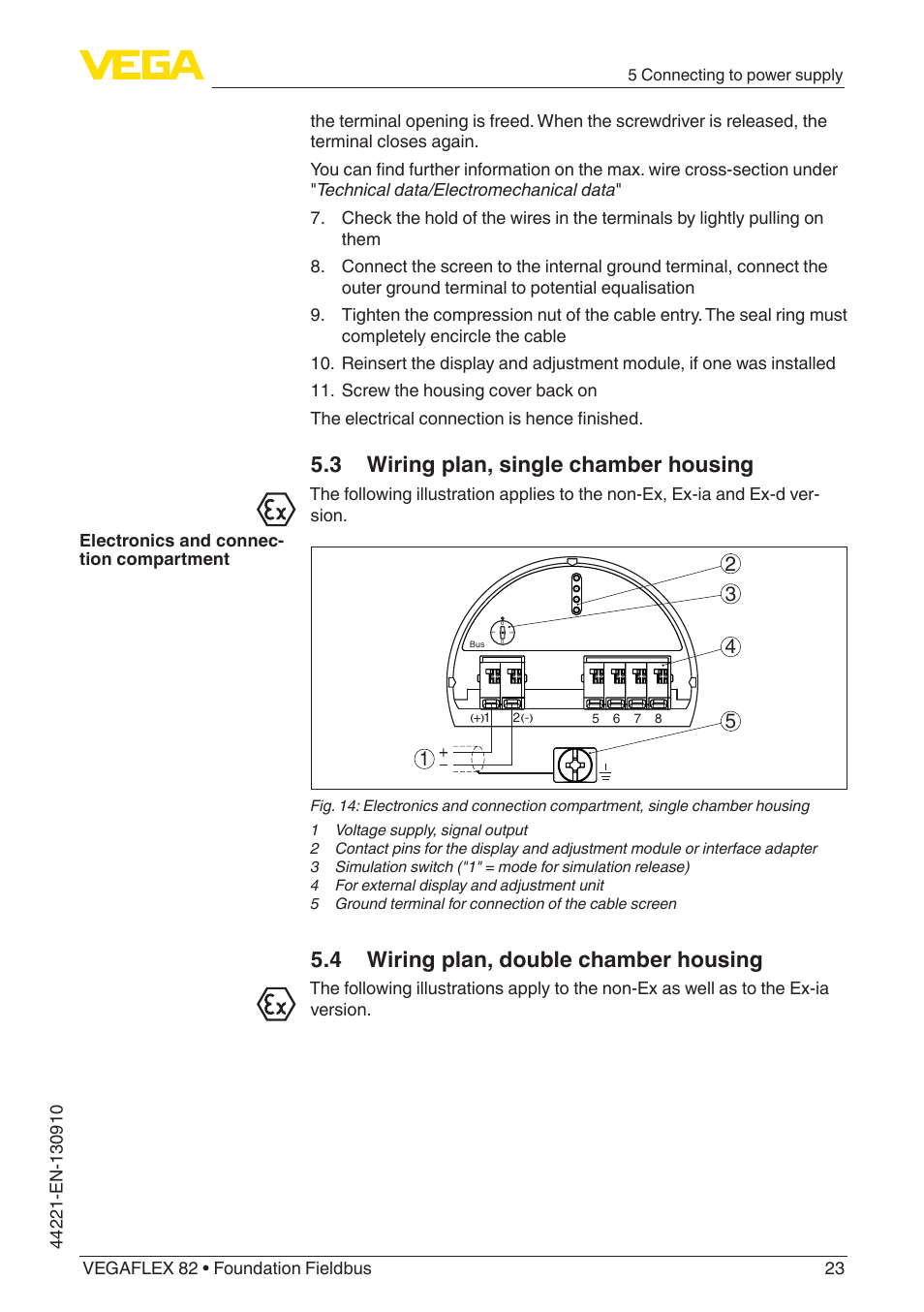 3 wiring plan, single chamber housing, 4 wiring plan, double chamber housing | VEGA VEGAFLEX 82 Foundation Fieldbus User Manual | Page 23 / 100