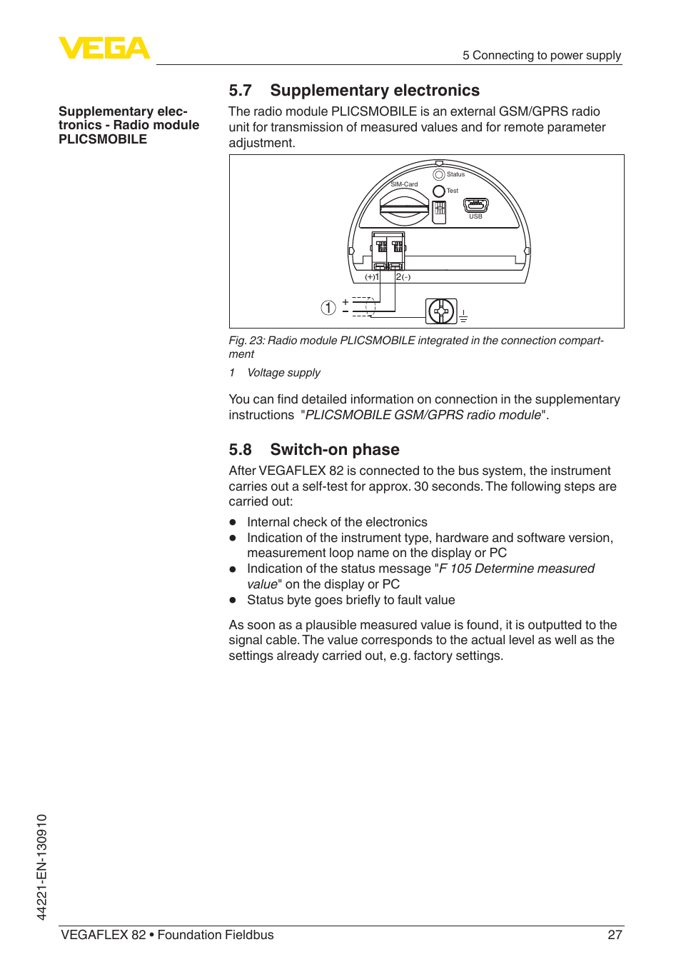 7 supplementary electronics, 8 switch-on phase | VEGA VEGAFLEX 82 Foundation Fieldbus User Manual | Page 27 / 100