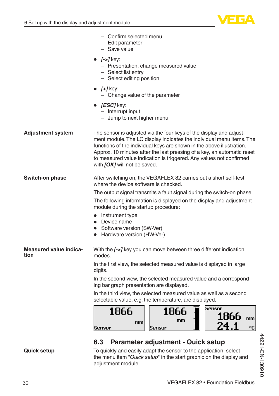 3 parameter adjustment - quick setup | VEGA VEGAFLEX 82 Foundation Fieldbus User Manual | Page 30 / 100