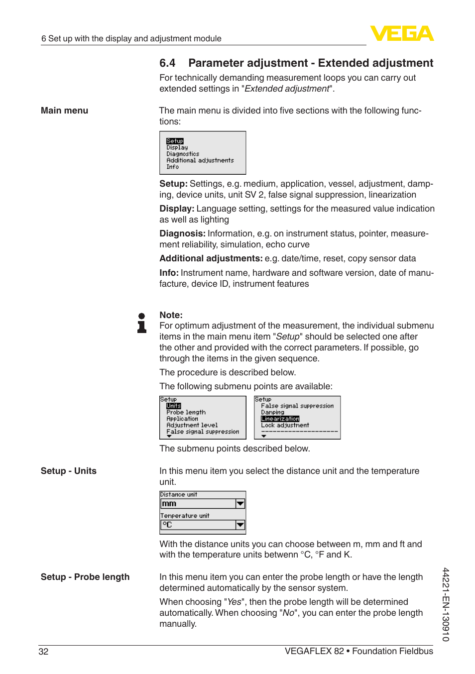 4 parameter adjustment - extended adjustment | VEGA VEGAFLEX 82 Foundation Fieldbus User Manual | Page 32 / 100