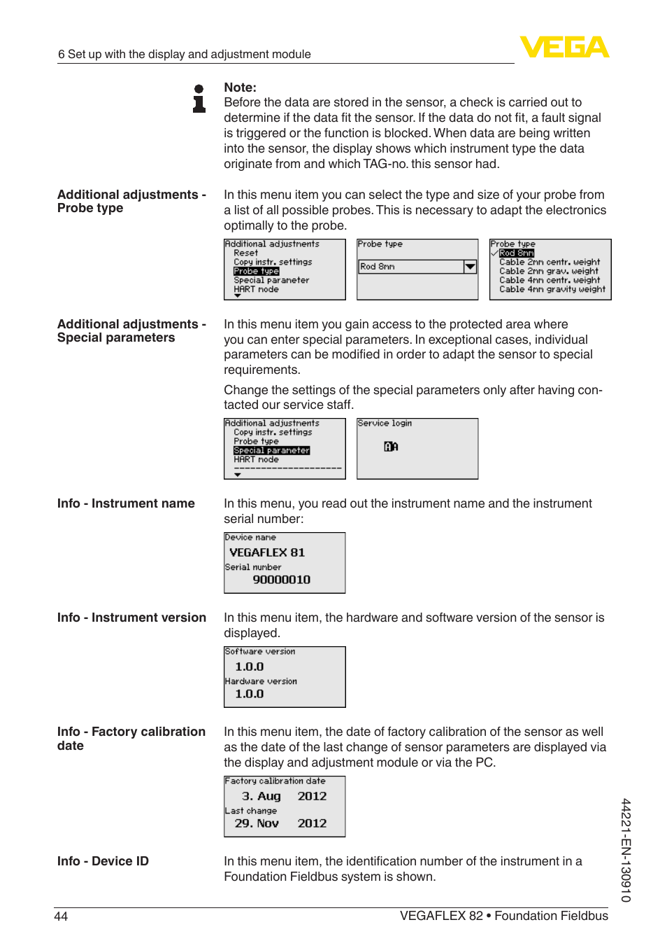 VEGA VEGAFLEX 82 Foundation Fieldbus User Manual | Page 44 / 100