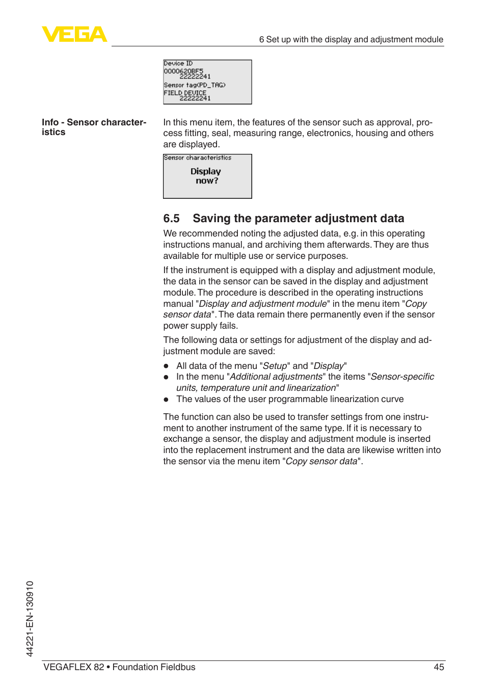 5 saving the parameter adjustment data | VEGA VEGAFLEX 82 Foundation Fieldbus User Manual | Page 45 / 100