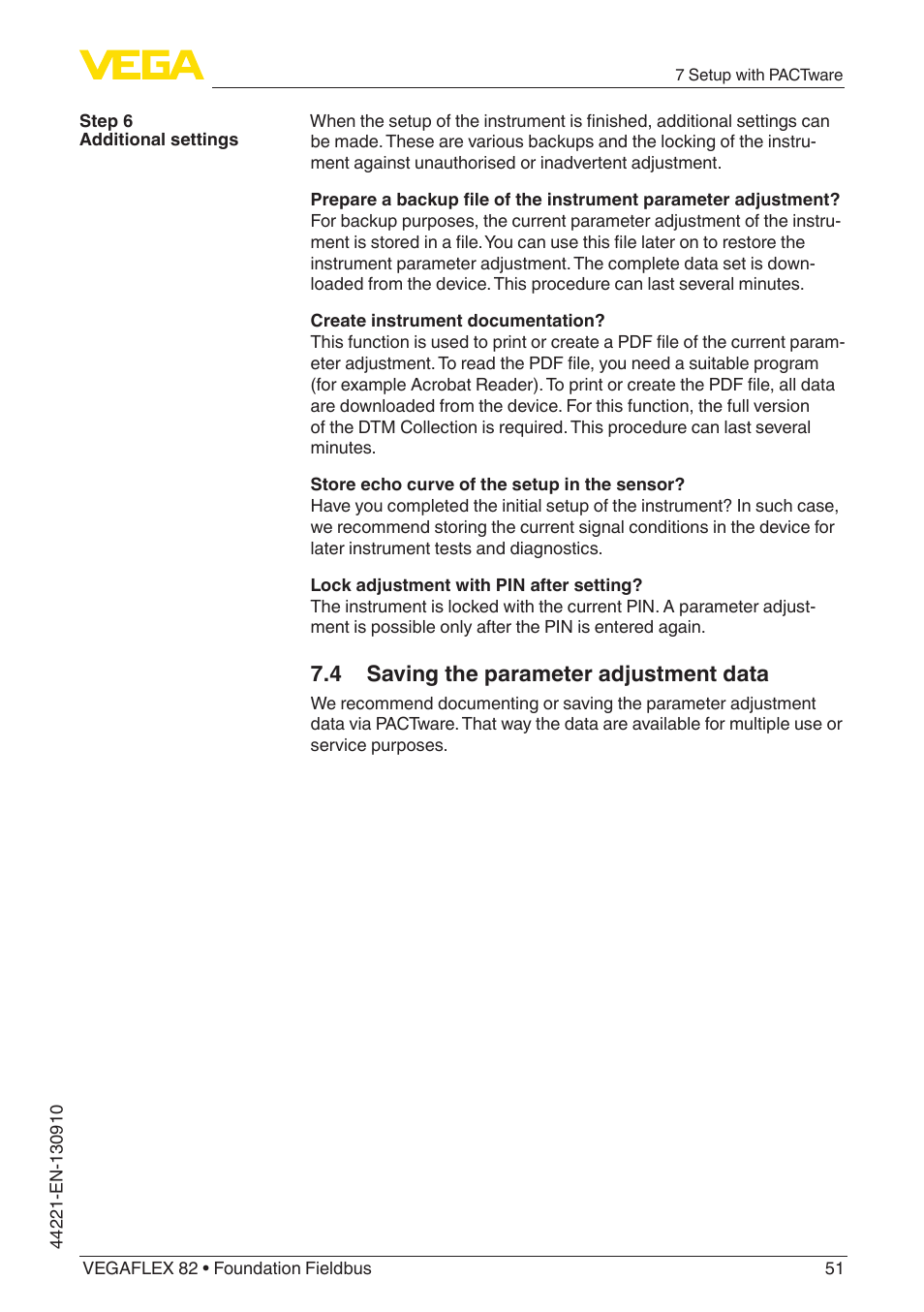 4 saving the parameter adjustment data | VEGA VEGAFLEX 82 Foundation Fieldbus User Manual | Page 51 / 100