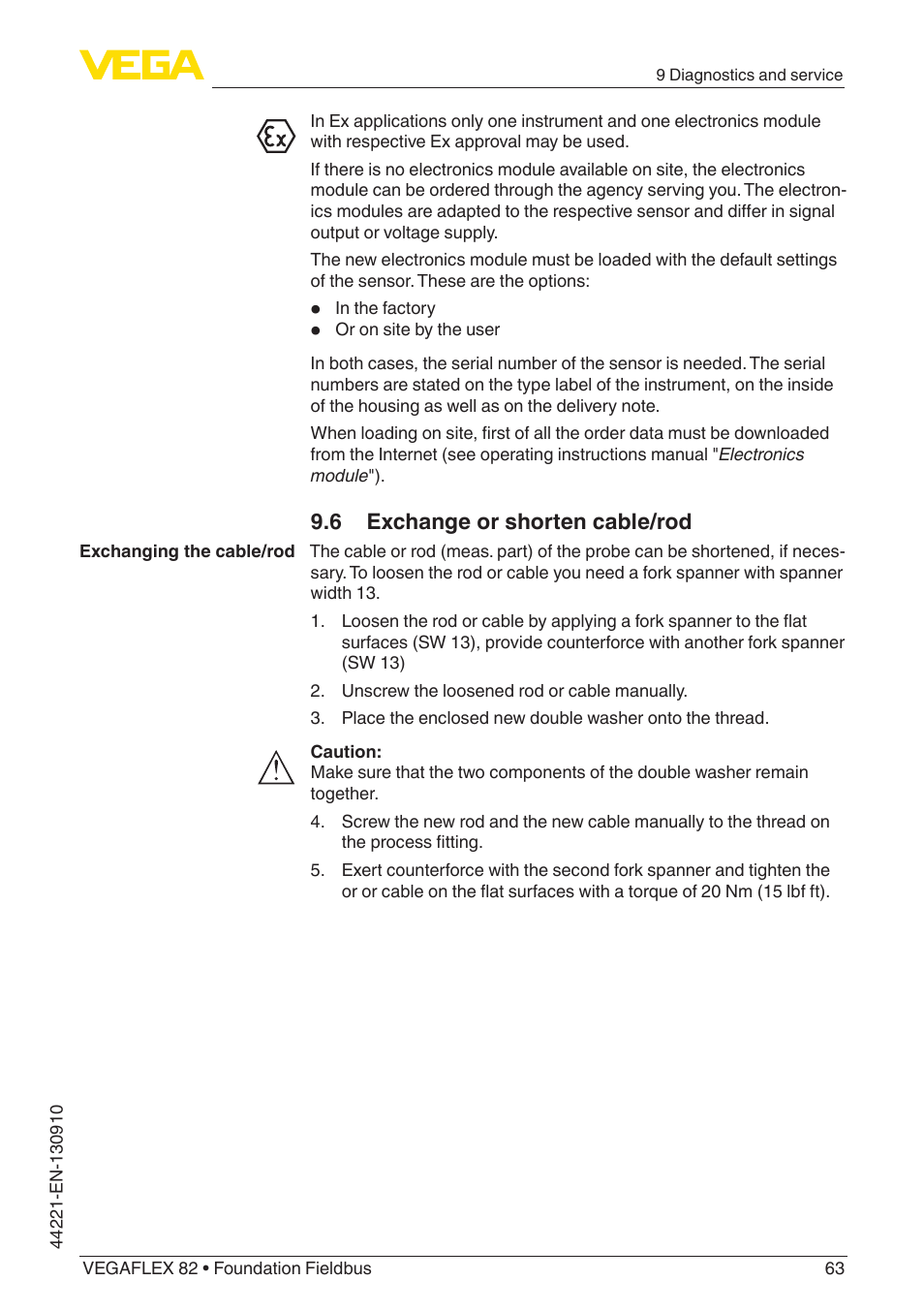 6 exchange or shorten cable/rod | VEGA VEGAFLEX 82 Foundation Fieldbus User Manual | Page 63 / 100