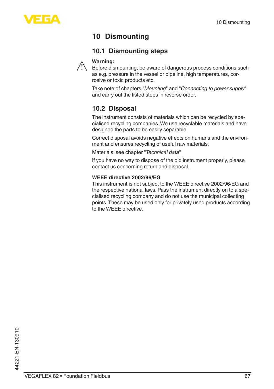 10 dismounting, 1 dismounting steps, 2 disposal | VEGA VEGAFLEX 82 Foundation Fieldbus User Manual | Page 67 / 100