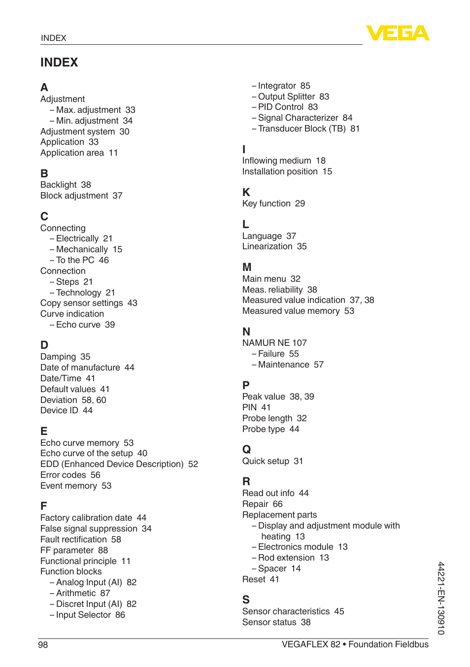 Index | VEGA VEGAFLEX 82 Foundation Fieldbus User Manual | Page 98 / 100