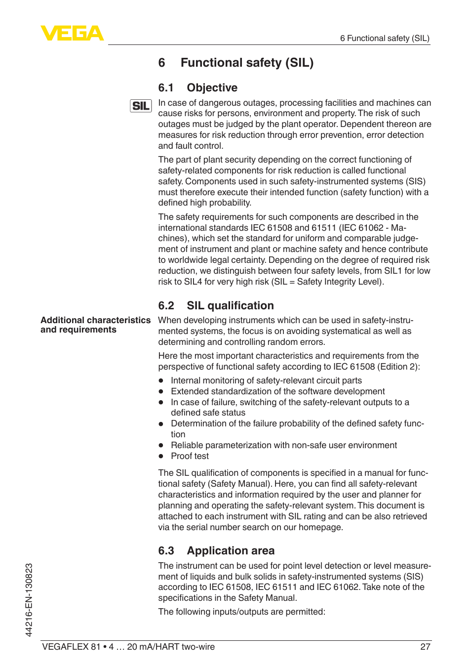 6 functional safety (sil), 1 objective, 2 sil qualification | 3 application area | VEGA VEGAFLEX 81 4 … 20 mA_HART two-wire Coax probe With SIL qualification User Manual | Page 27 / 92