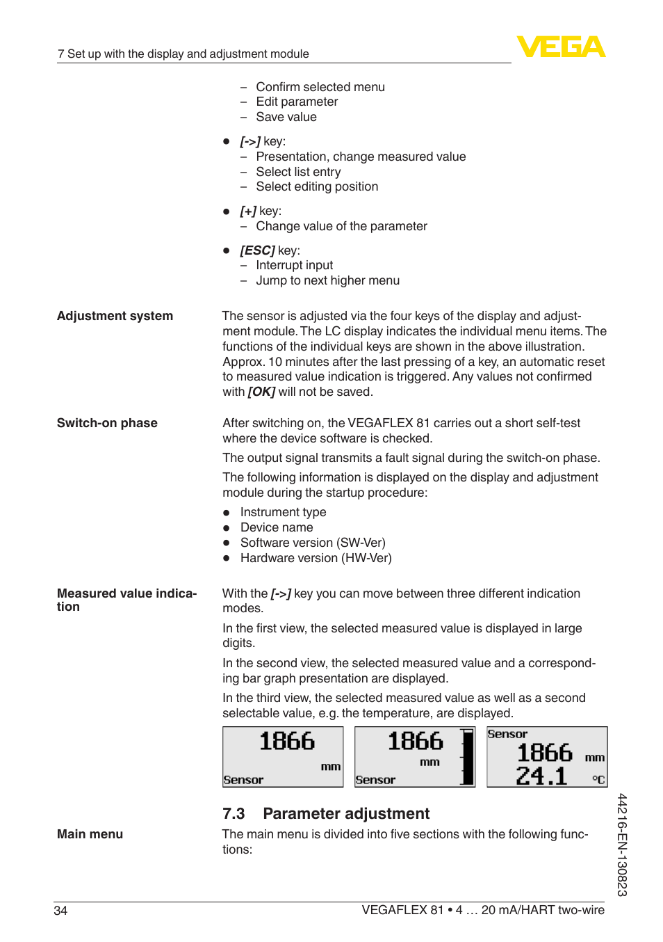 3 parameter adjustment | VEGA VEGAFLEX 81 4 … 20 mA_HART two-wire Coax probe With SIL qualification User Manual | Page 34 / 92