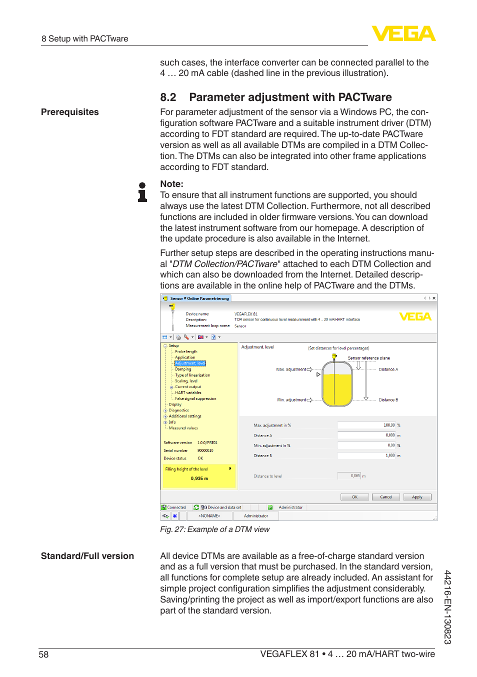 2 parameter adjustment with pactware | VEGA VEGAFLEX 81 4 … 20 mA_HART two-wire Coax probe With SIL qualification User Manual | Page 58 / 92