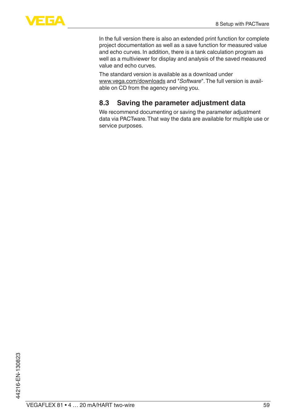 3 saving the parameter adjustment data | VEGA VEGAFLEX 81 4 … 20 mA_HART two-wire Coax probe With SIL qualification User Manual | Page 59 / 92