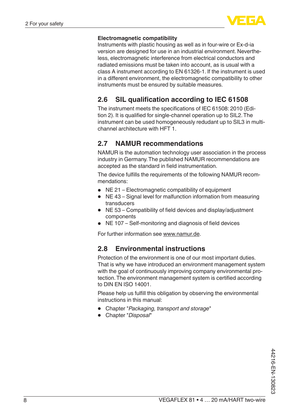 7 namur recommendations, 8 environmental instructions | VEGA VEGAFLEX 81 4 … 20 mA_HART two-wire Coax probe With SIL qualification User Manual | Page 8 / 92