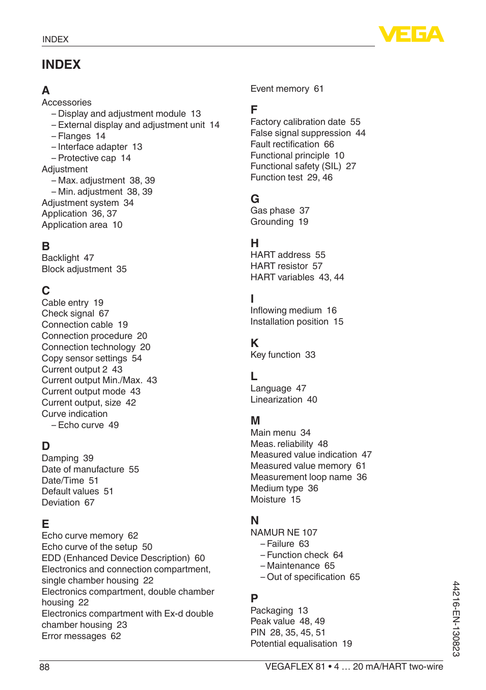 Index | VEGA VEGAFLEX 81 4 … 20 mA_HART two-wire Coax probe With SIL qualification User Manual | Page 88 / 92