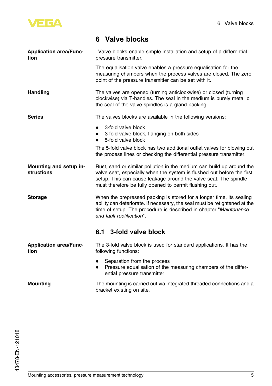 6 valve blocks, 1 3–fold valve block, 6valve blocks | 1 3-fold valve block | VEGA Mounting accessories, pressure measurement technology User Manual | Page 15 / 32