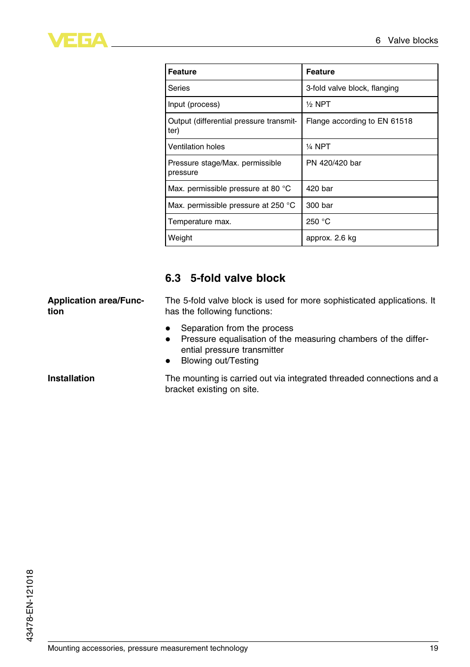 3 5–fold valve block, 3 5-fold valve block | VEGA Mounting accessories, pressure measurement technology User Manual | Page 19 / 32