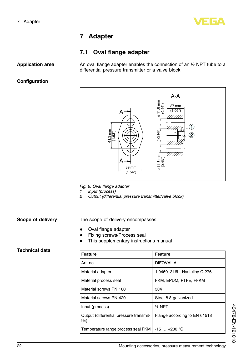 7 adapter, 1 oval flange adapter, 7adapter | 1 oval ﬂange adapter, Aa-a 1 2 | VEGA Mounting accessories, pressure measurement technology User Manual | Page 22 / 32