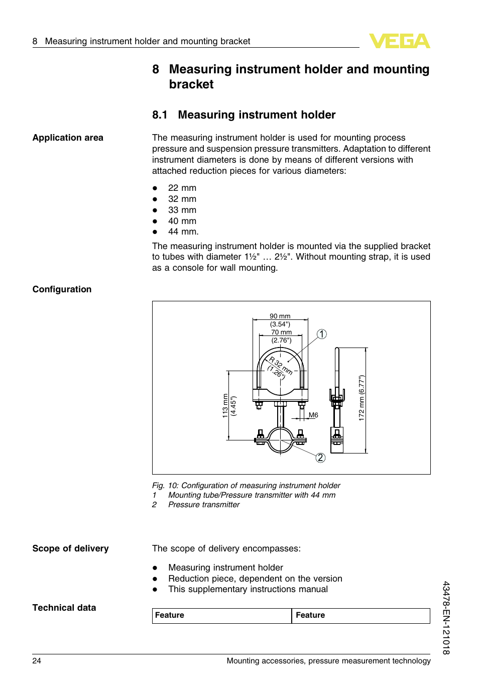 8 measuring instrument holder and mounting bracket, 1 measuring instrument holder, 8measuring instrument holder and mounting bracket | VEGA Mounting accessories, pressure measurement technology User Manual | Page 24 / 32