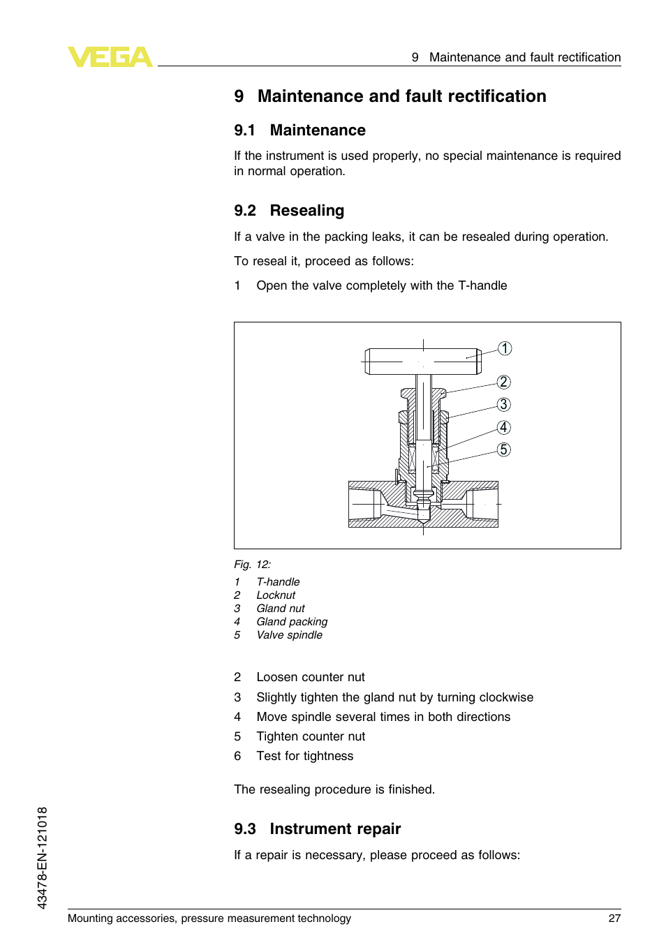 9 maintenance and fault rectification, 1 maintenance, 2 resealing | 3 instrument repair, 9maintenance and fault rectiﬁcation | VEGA Mounting accessories, pressure measurement technology User Manual | Page 27 / 32